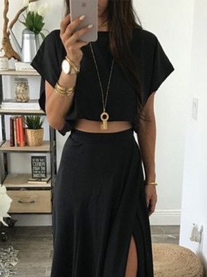 Black Casual Loose Cropped Top And Split Half-length Skirt Fashionable Two-piece