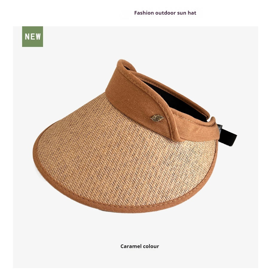 South Korea Encrypted Leaf Label Topless Straw Hat Wide Brim Face Cover Sun-proof Outdoor