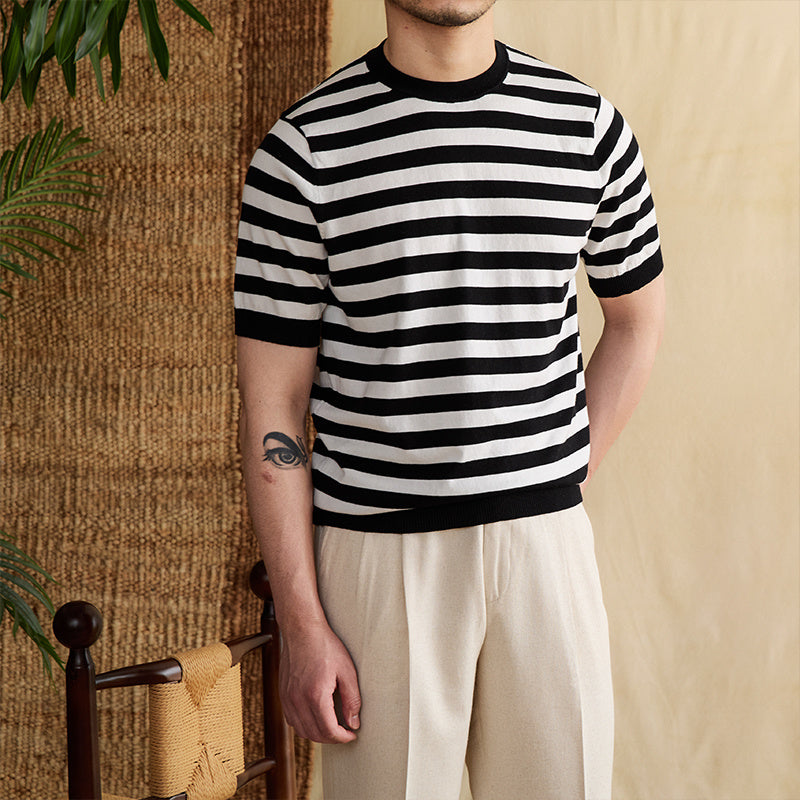 Striped Navy-striped Shirt Breathable Tencel Cotton Round Neck Short Sleeve T-shirt