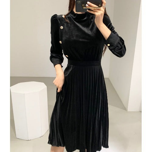 Vintage Multi-button Velvet Pleated Dress Mid-length Slim Fit