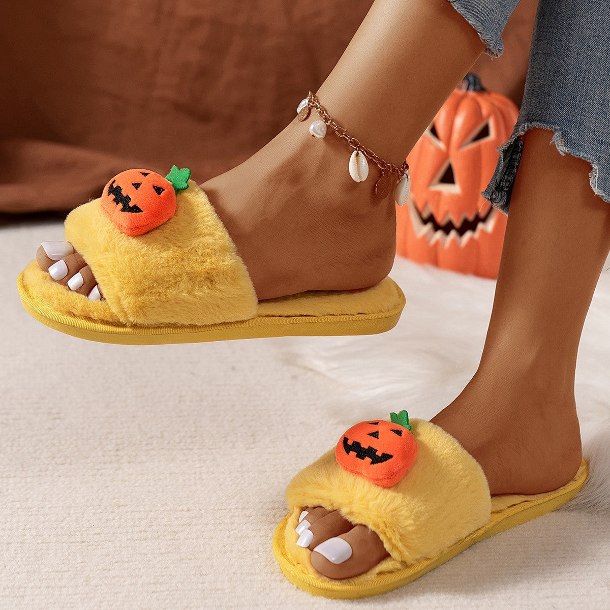 Halloween Cute Pumpkin Plush Slippers Home Indoor Open Toe Shoes Winter Warm Bedroom Slippers For Women