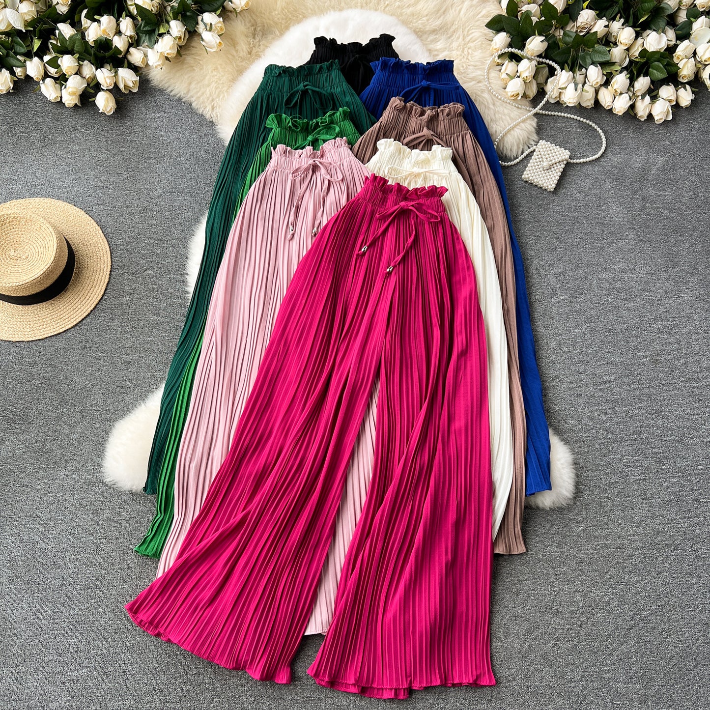 Slimming Slim Fit Draping Effect Wide Leg Pleated Pants