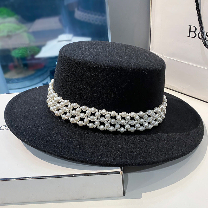 Autumn And Winter New White Children's Elegant Pearl Chain Flat Top Hat