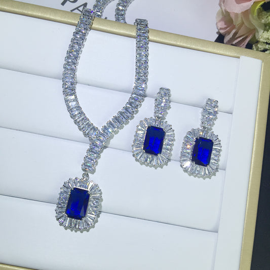 European And American Long Square Sapphire Blue Gemstone Pendant