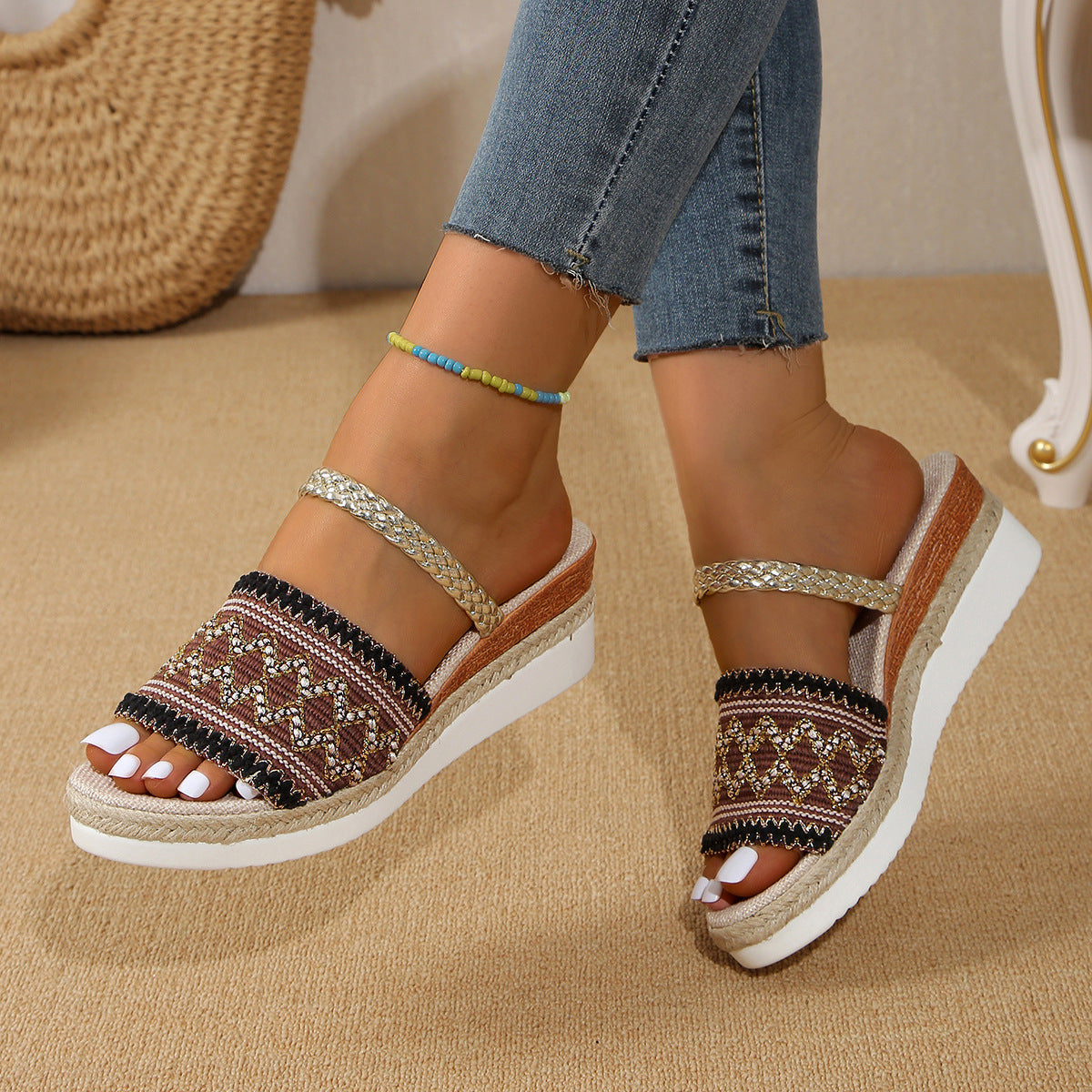 Ethnic Style One-line Thick-soled Sandals