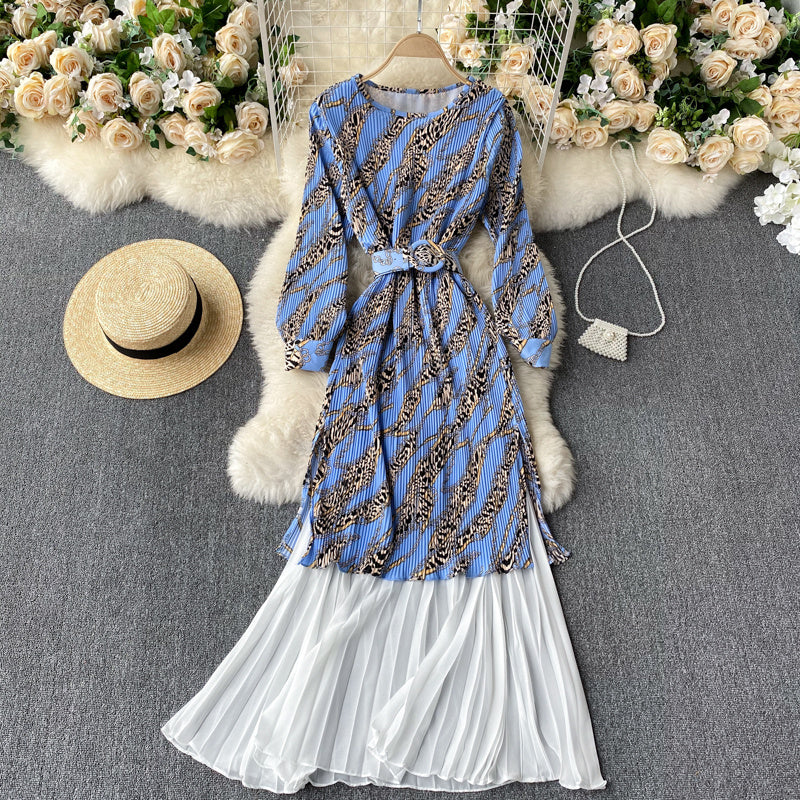 Pleated Stretch Slim Mid-length Contrast Color Stitching Chiffon Dress Female