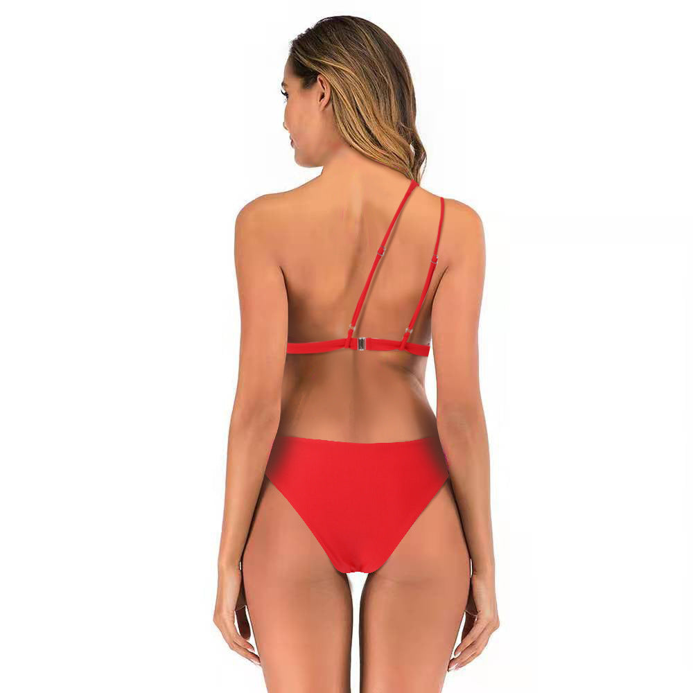 Solid Color One Shoulder Sexy Bikini Swimsuit