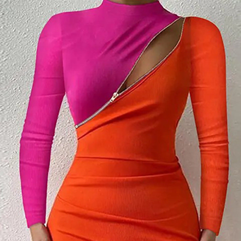 High Waist Long-sleeve Zipper Tight Dress