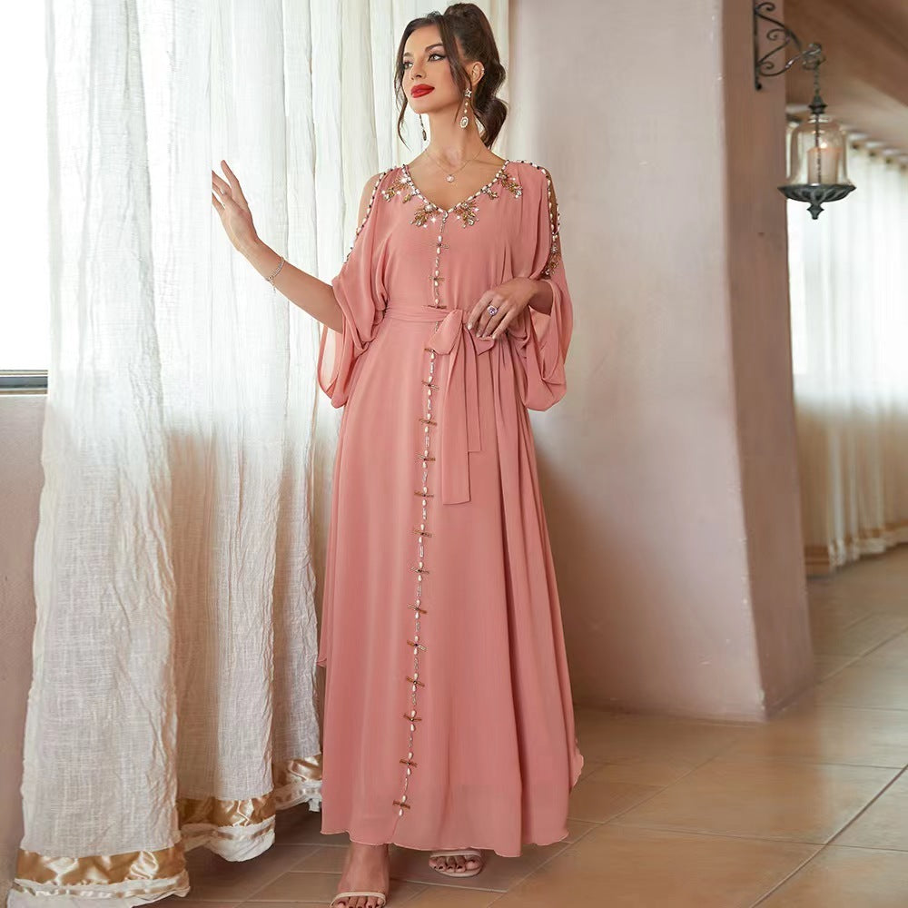 Women's Ethnic Wind Strapless Hand-stitched Diamond Dress