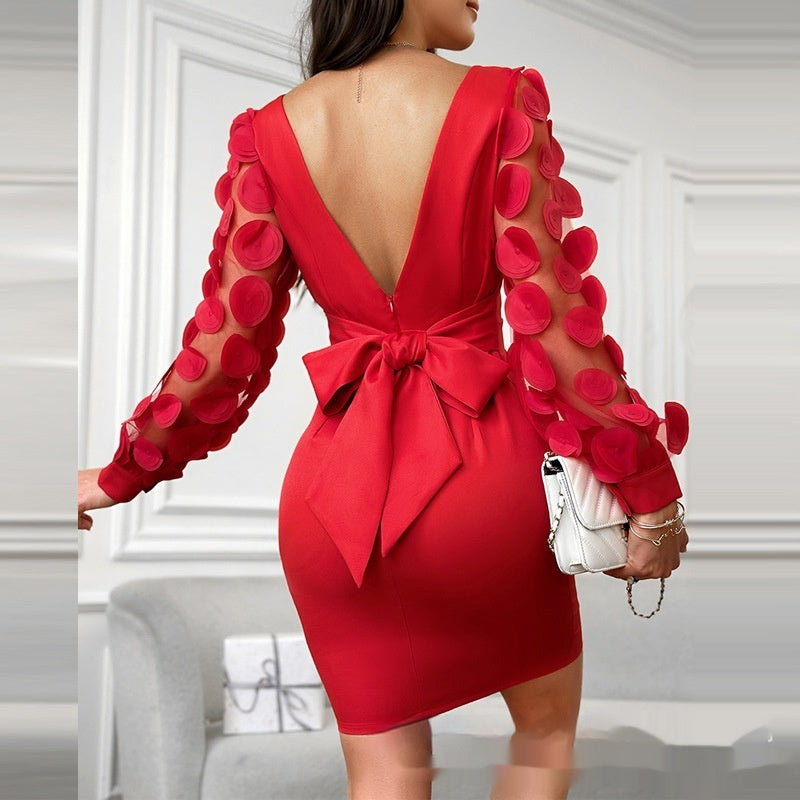 Red Mesh Jacquard Backless Lace Up Casual Skirt