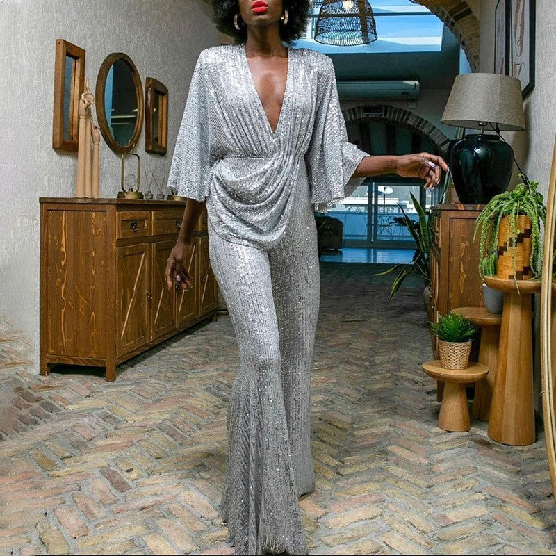 Sequined Deep V-neck And Backless Jumpsuit Trousers