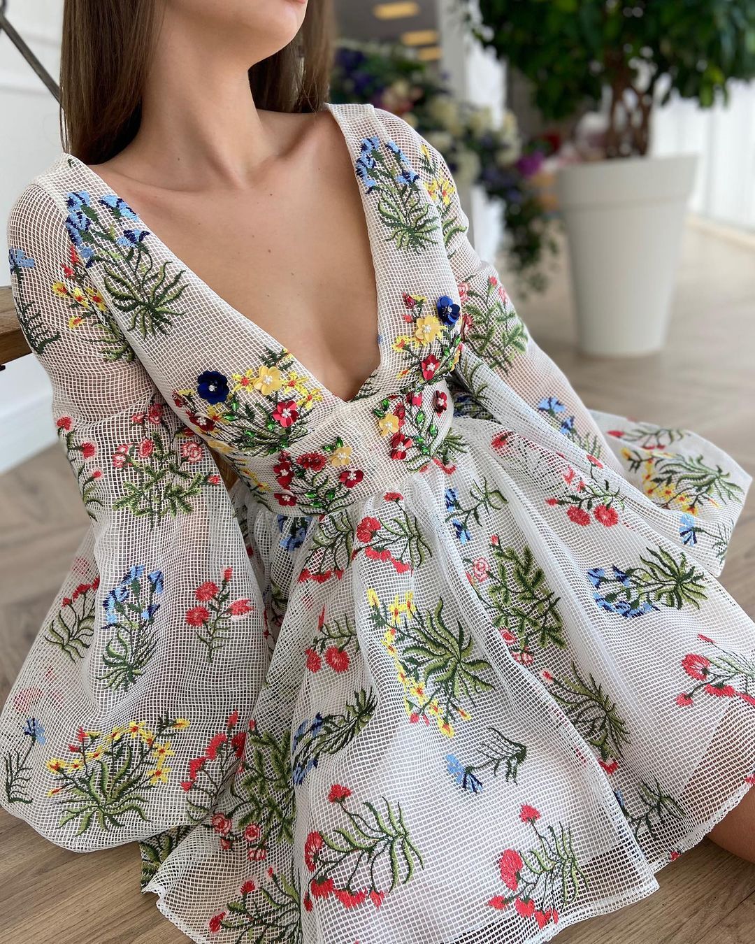 Embroidered Cute Lantern Sleeve Dress