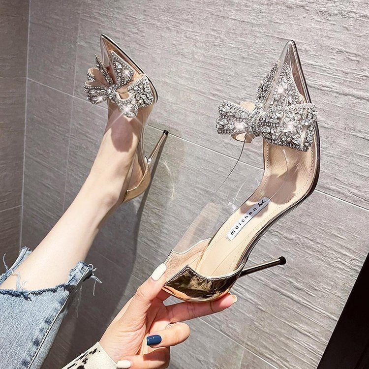 Single Shoe Thin Heel Pointed Diamond Bow