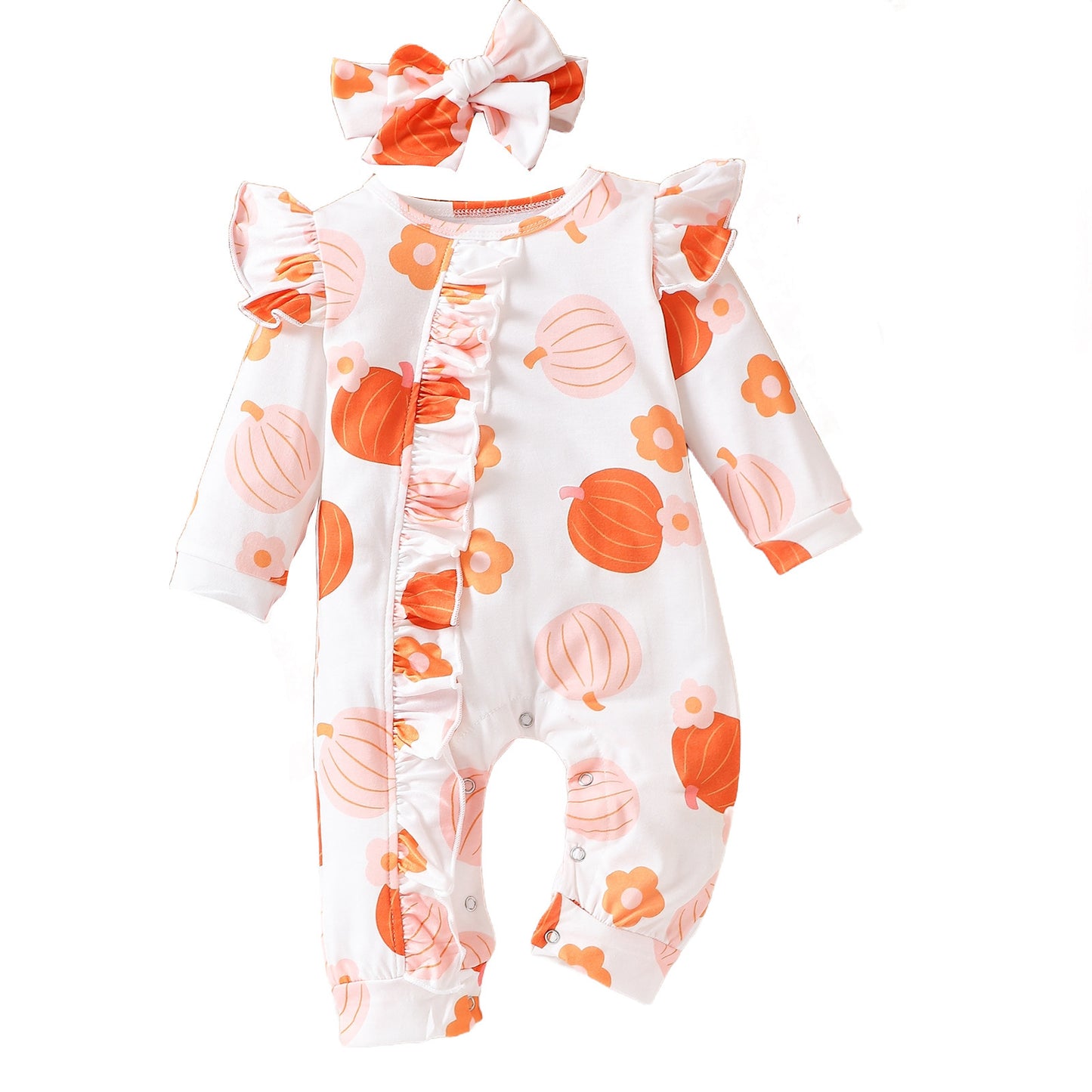 Girls' Cartoon Pumpkin Ruffled Flounced Sleeve Long-sleeved Trousers Crawling Suit Jumpsuit