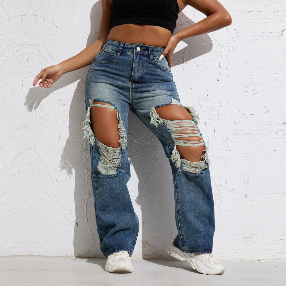 Pantalones vaqueros Shascullfites Melody Blue Wash Ripped Retro Straight Leg para mujer Pantalones vaqueros Pantalones vaqueros anchos Ropa de calle