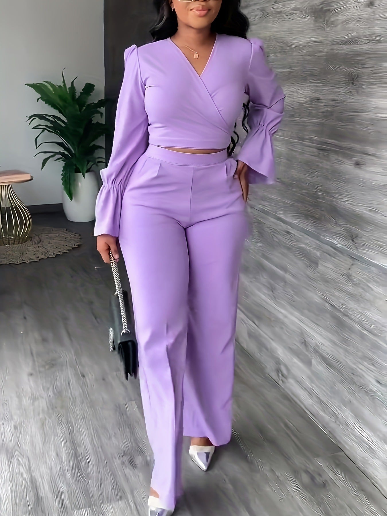 Women's Cross V-neck Long-sleeved Trousers Casual Suit