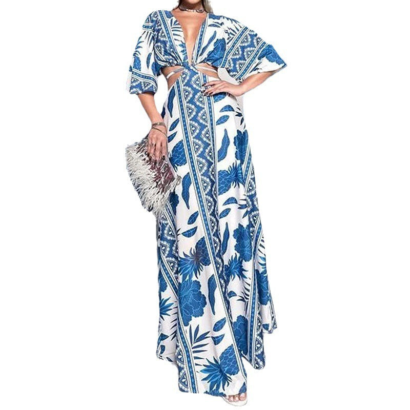 Women's V-neck Half Sleeve Midriff Outfit Printed Dress