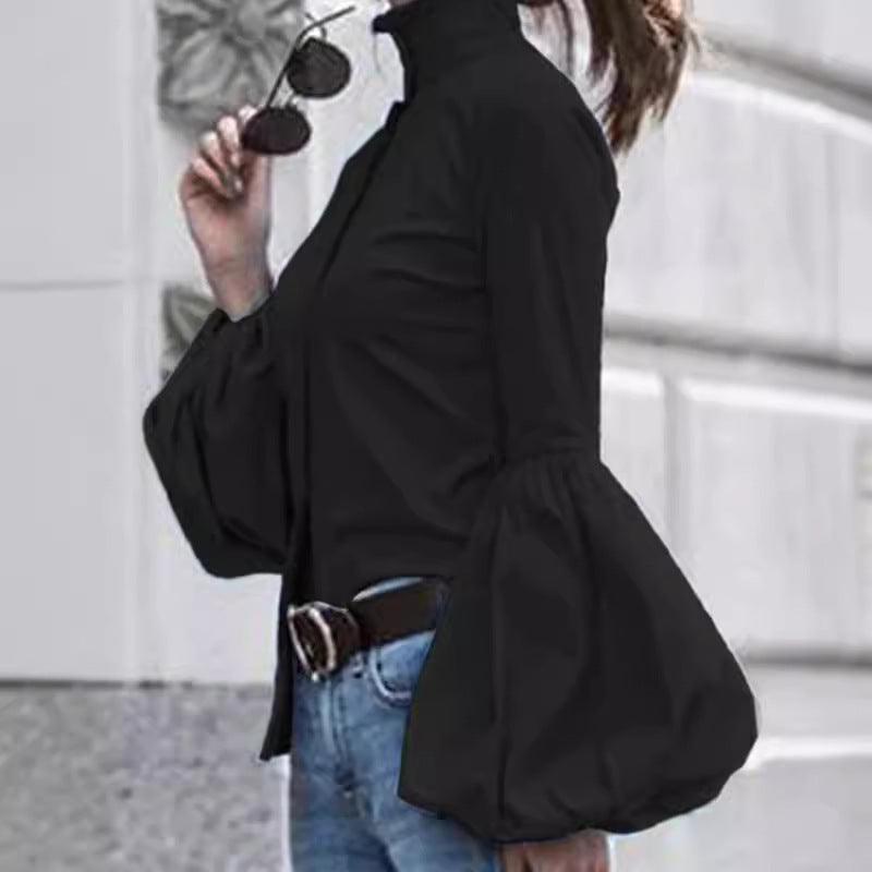 Stand Collar Puffy Sleeve Top Cardigan Long Sleeve Lapel Shirt