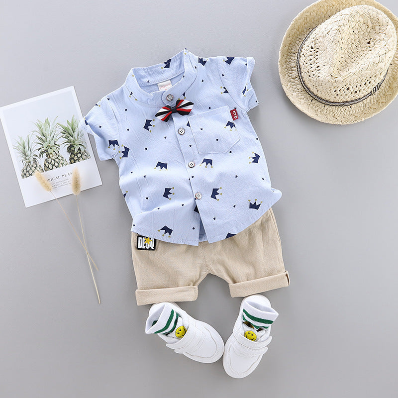 Boys New Cute Fashion Crown Lapel Shirt Set