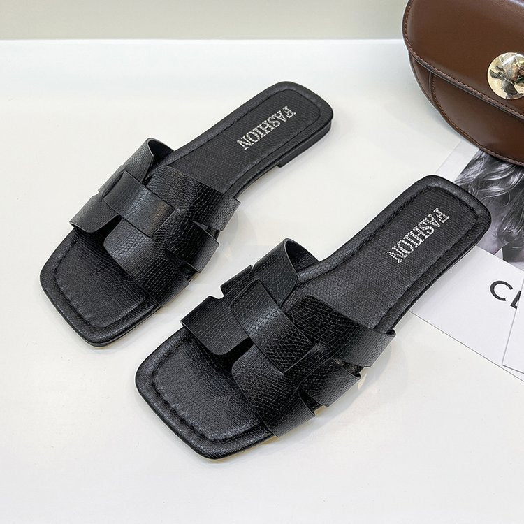 Leather Outer Wear Square Head Sandals