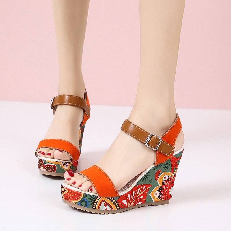 Fashion Flowers Embroidered High Wedge Platform Buckle Shoes