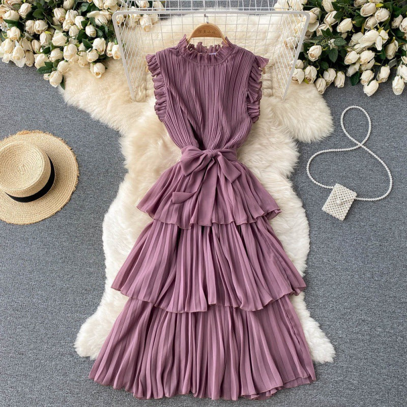 Pleated Wood Ear Collar Lace-up Thin Ruffle Dress