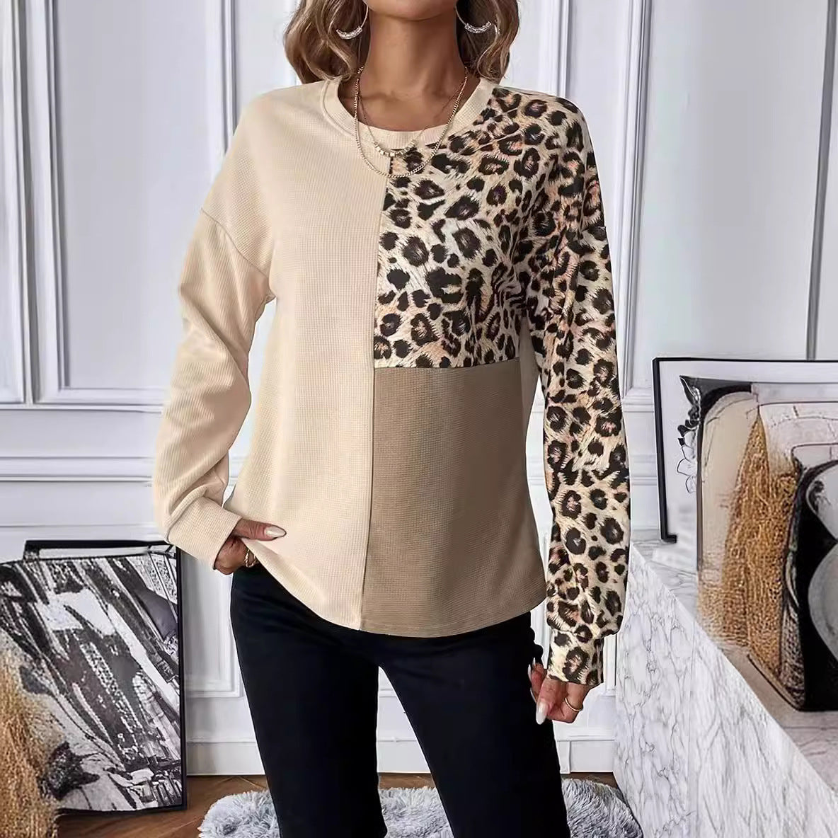 Personalized Leopard Print Pullover Long Sleeve Top