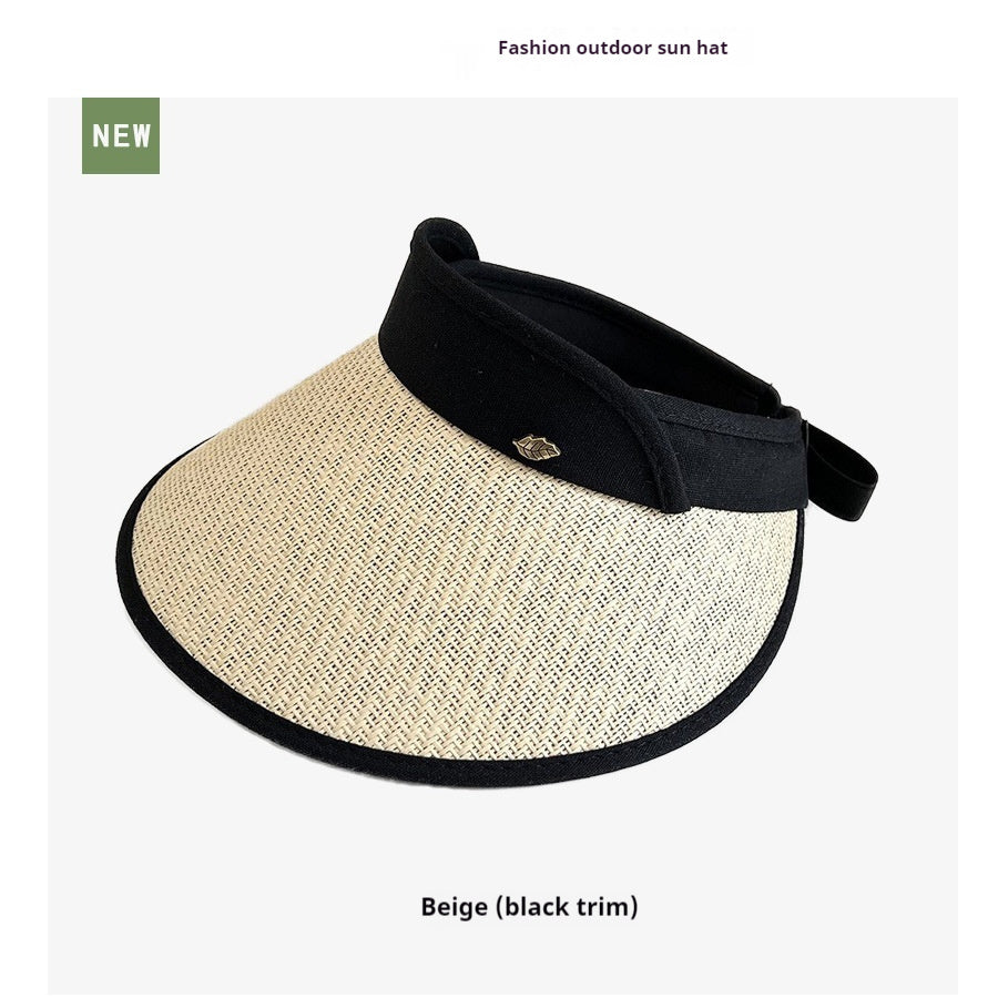 South Korea Encrypted Leaf Label Topless Straw Hat Wide Brim Face Cover Sun-proof Outdoor