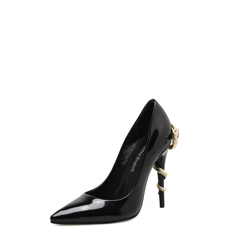 Cobra Heel Pointed Low-cut Patent Leather High Heels