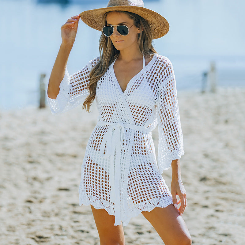 Blusa de playa con lazo recortado de crochet nuevo para mujer