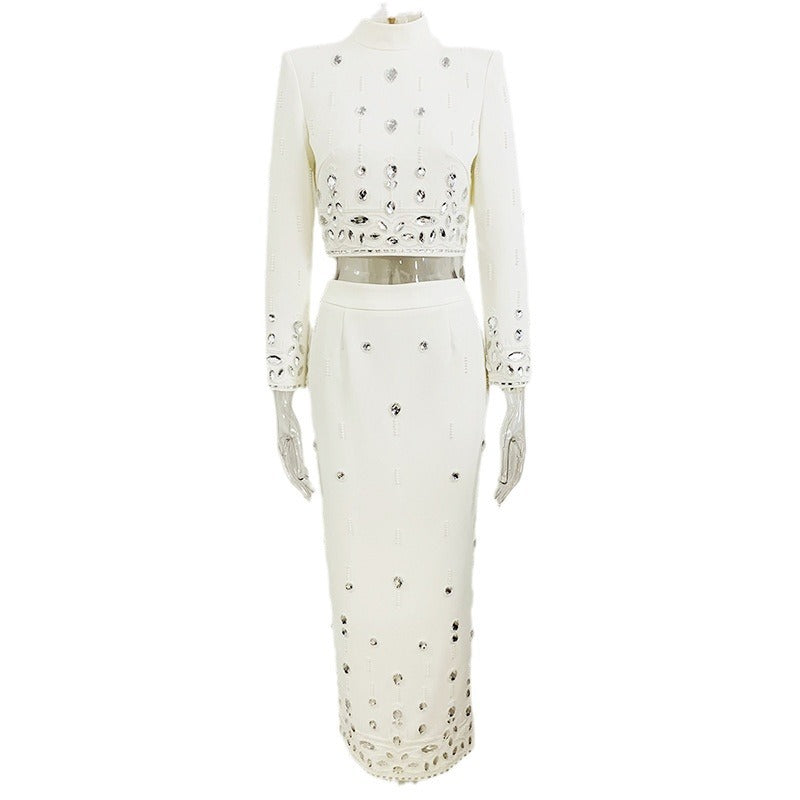 Beads Diamond Inlaid Short Top Long Skirt Suit