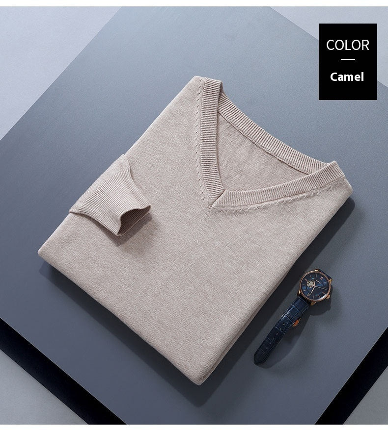 Suéter para hombre, cuello en V, suelto, color sólido, tejido de punto, camisa inferior