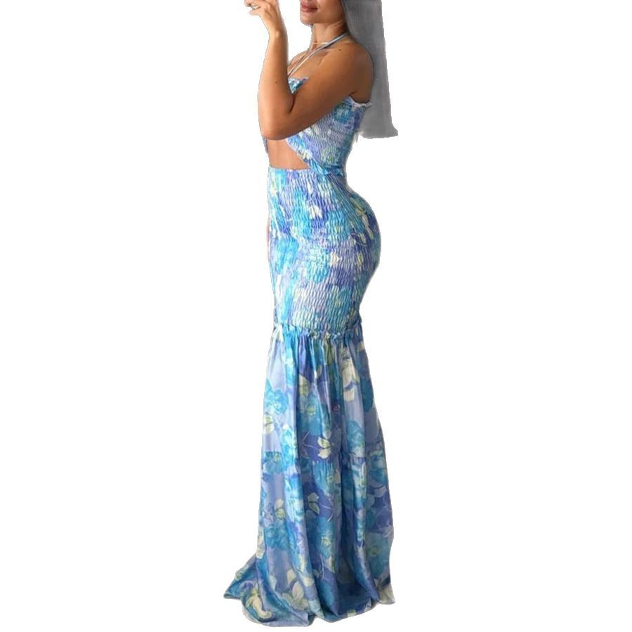 Halterneck Printed Pleated Dress Loose