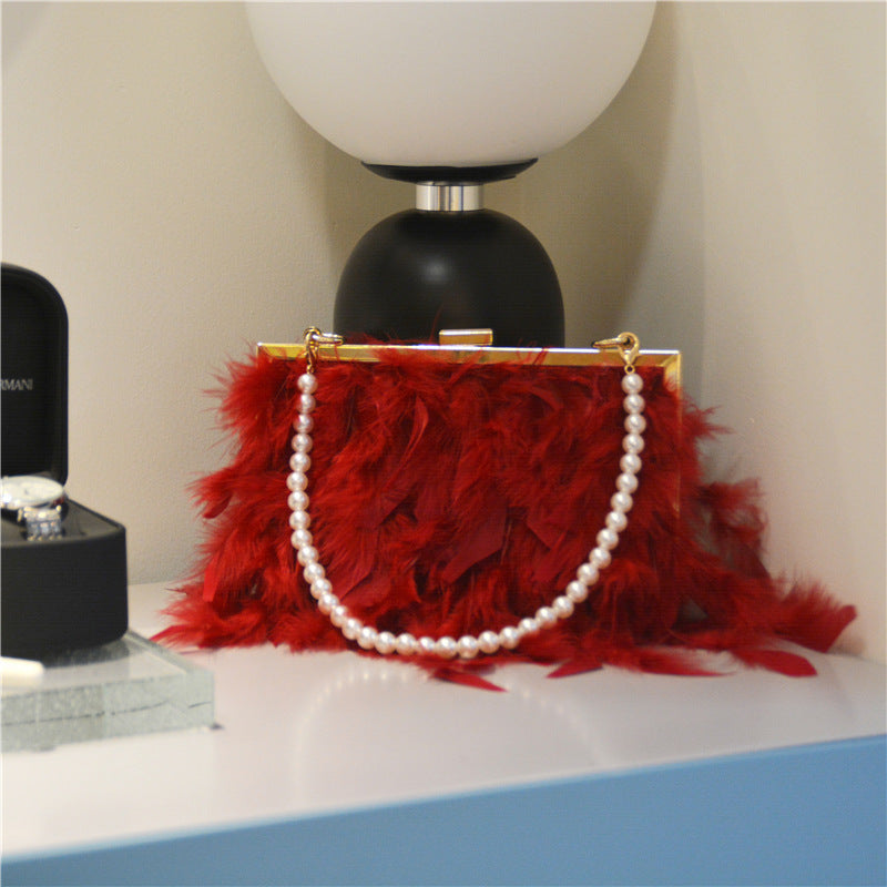 Cross-slung Hand With Female Bag Ostrich Hair Pearl Chain On One Shoulder