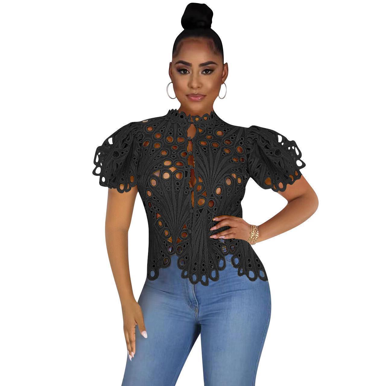 Sexy Cutout See-through Nightclub Puff Short Sleeve Irregular Top Women's Lace Shirt