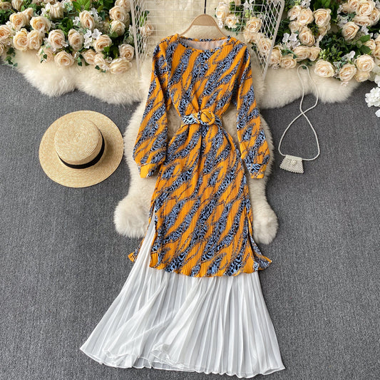 Pleated Stretch Slim Mid-length Contrast Color Stitching Chiffon Dress Female