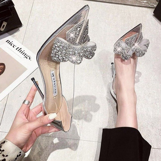 Single Shoe Thin Heel Pointed Diamond Bow