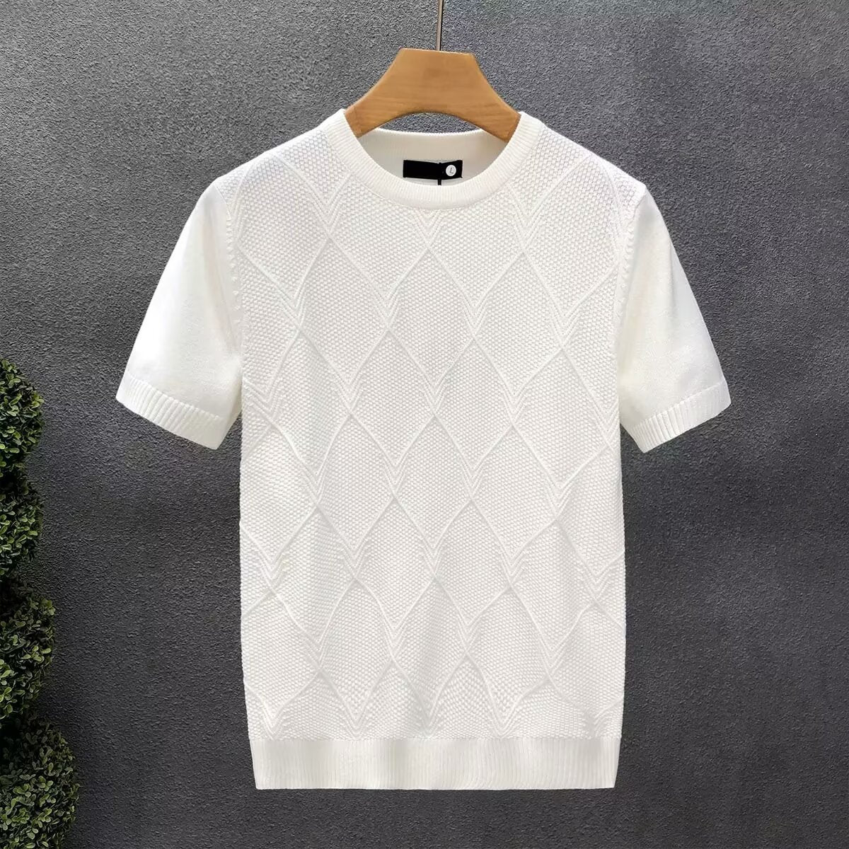 Diamond Lattice White Sweater With Short Sleeves Men's Slim Bottoming Shirt