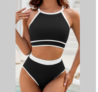 Black and White Pure Color Single-side Strap Bikini