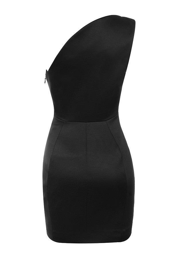 Women's Mid-waist Short Skirt Black Slant-shoulder Dress