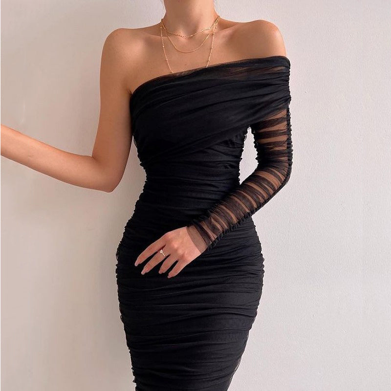 Diagonal Neckline Sexy Backless Dress