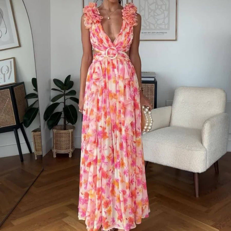 Casual Home Floral Backless Dress Women