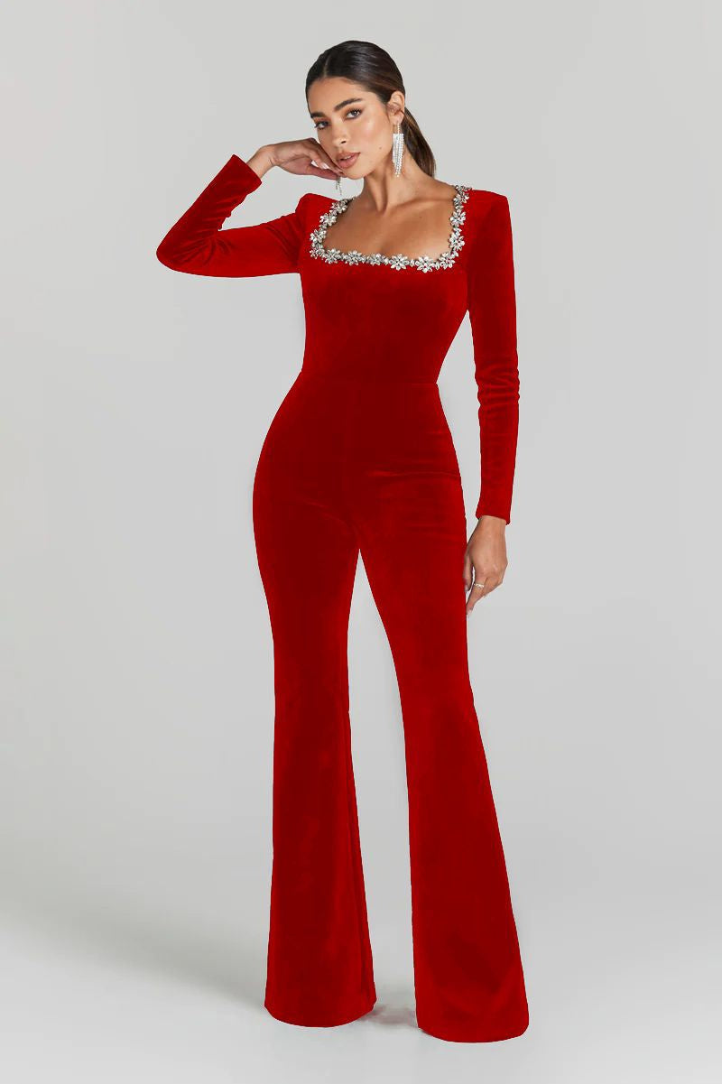 Diamond-encrusted Square Collar Long Sleeve Flared Jumpsuit