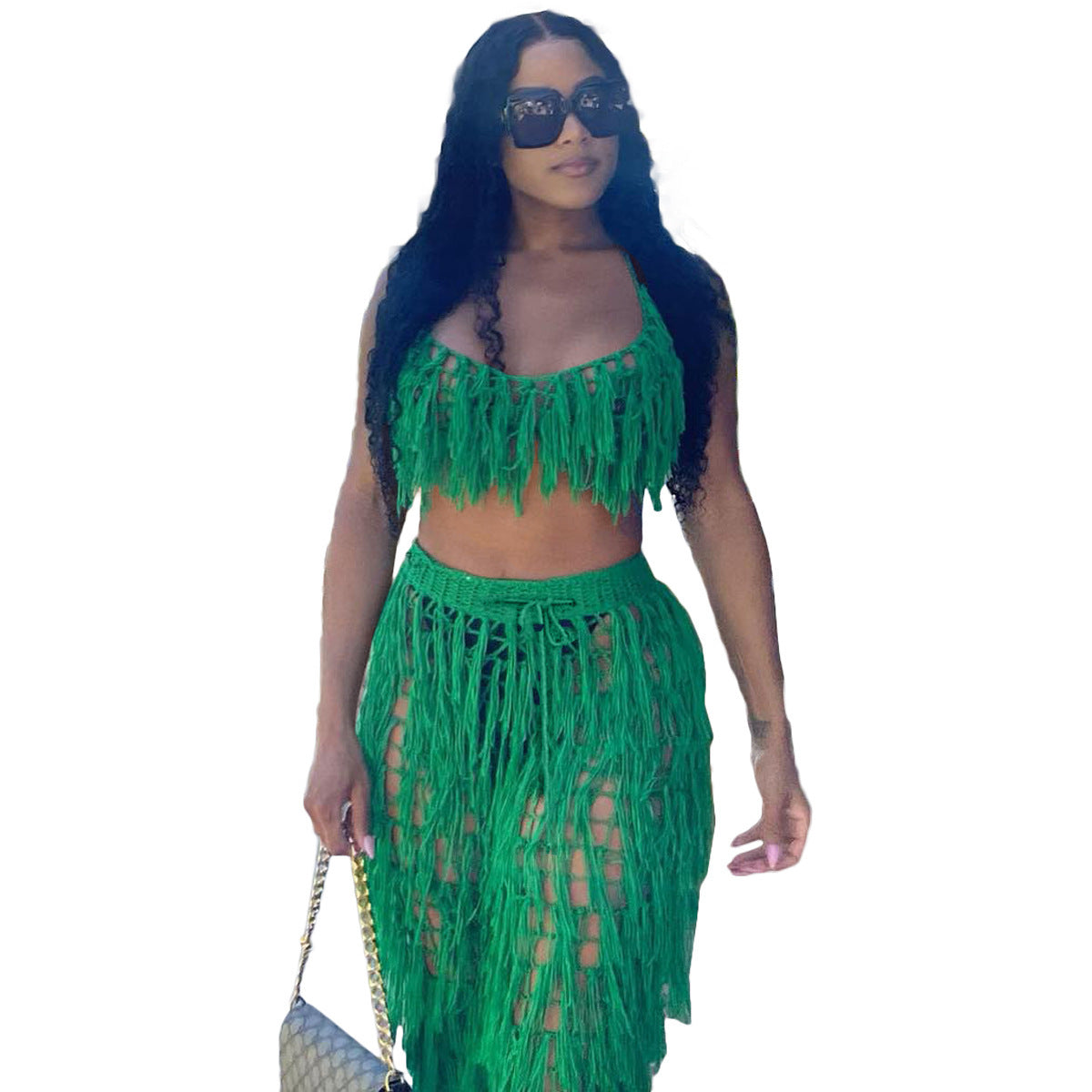 Vestido de playa urbano transparente tejido a mano con borlas de crochet