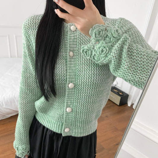 Round Neck Early Velvet Thick Cashmere Cardigan Women's Green Hollow Sweater Cuff Crochet