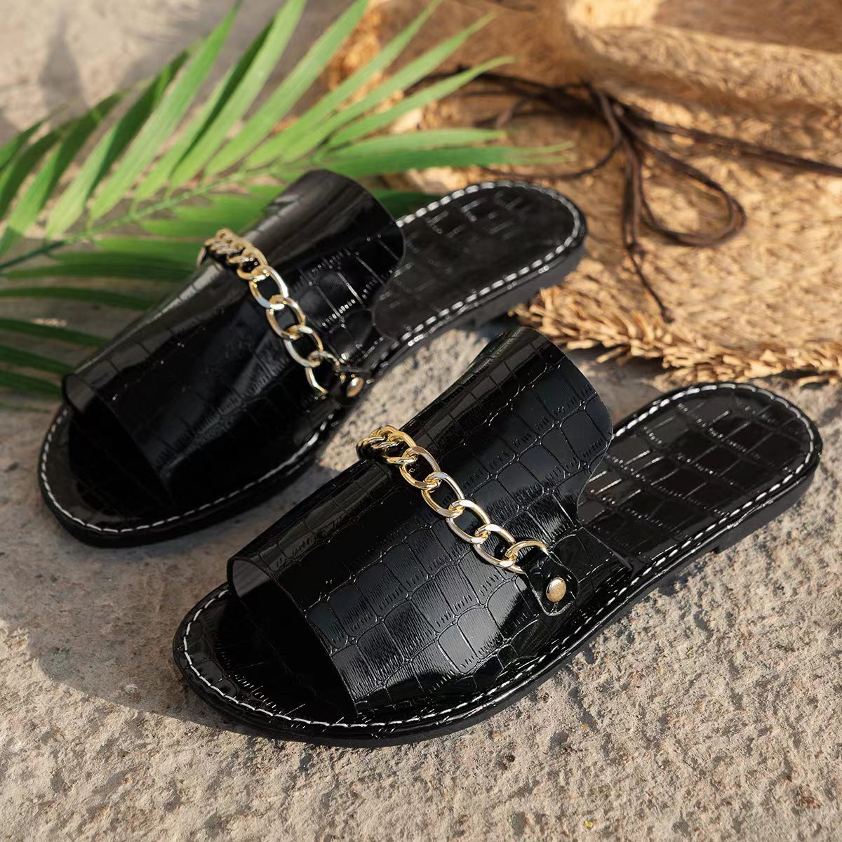 Pattern Chains Sandals Fish Mouth Flat Slides Slippers