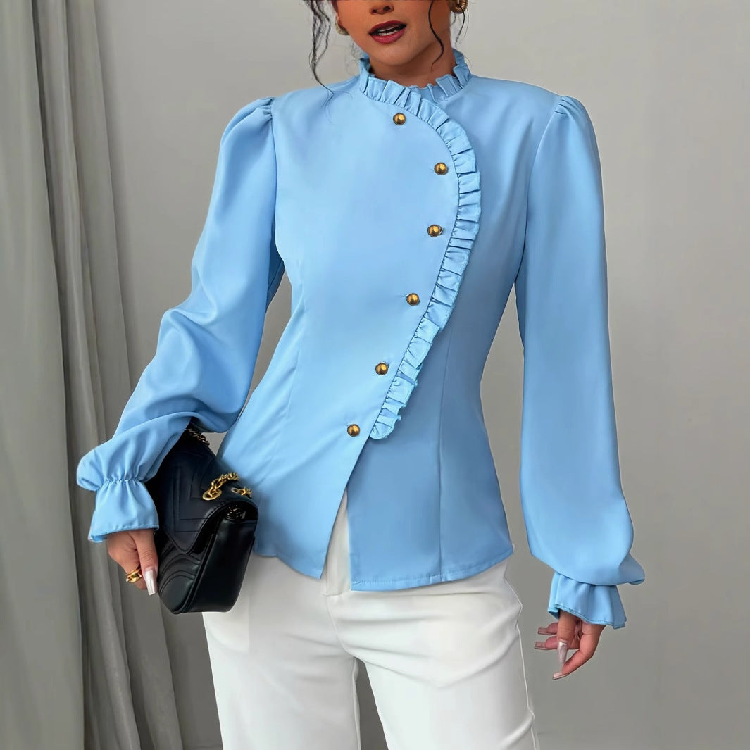 Women's Elegant French Asymmetrical Button-down Collar Ruffle Long Sleeve Blouse