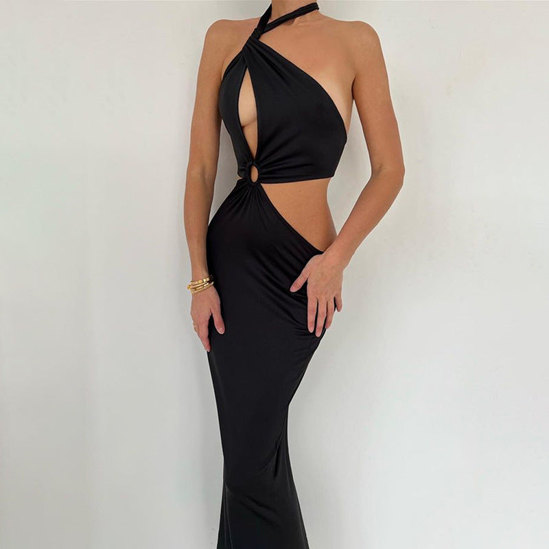 Vestido sin espalda con tirantes halter y costura de moda sexy