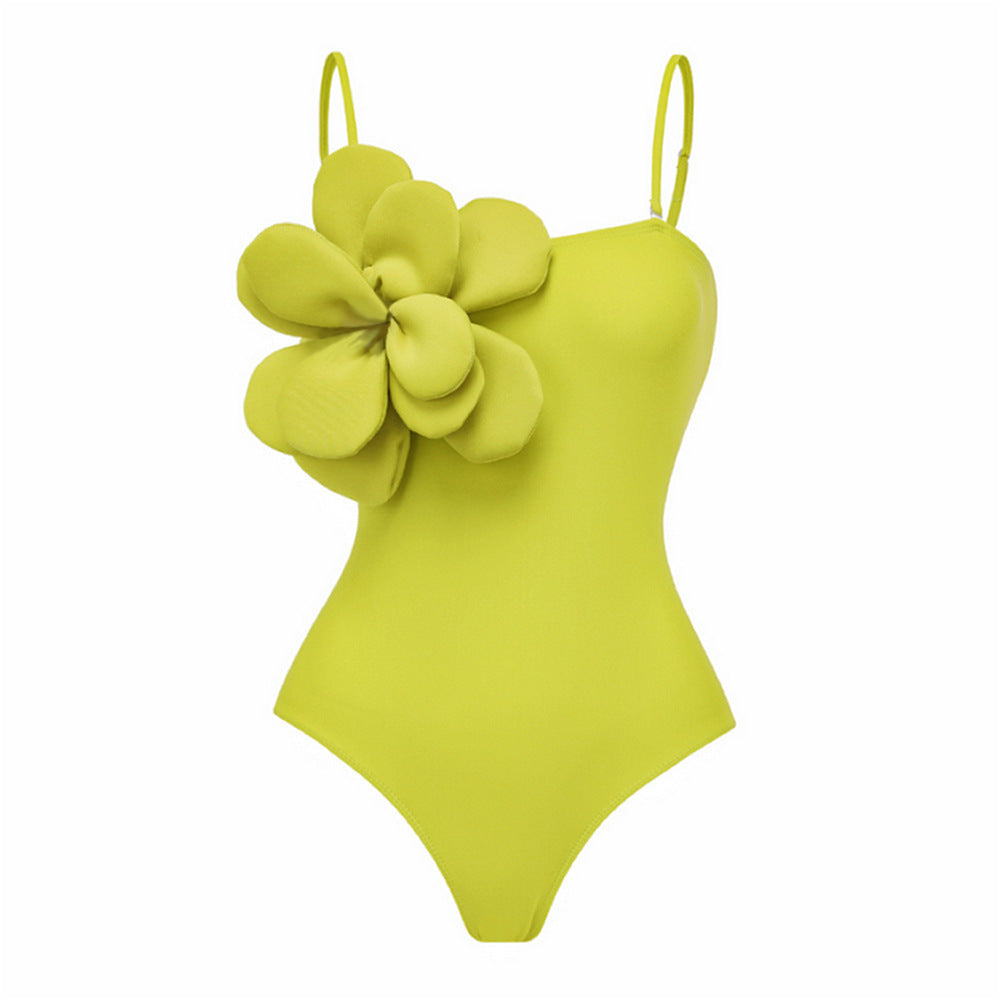 Solid Color Strap Tube Top Three-dimensional Flower Slip-on One-piece Swimsuit