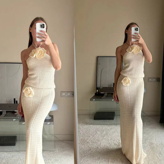 Solid Color Knitted Crochet Swimsuit Blouse Sun-proof Set